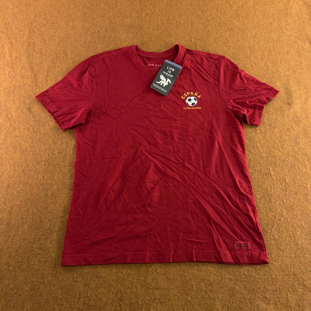 Life is Good Mens Medium Red Espana Soccer Crusher Graphic T-Shirt NWT